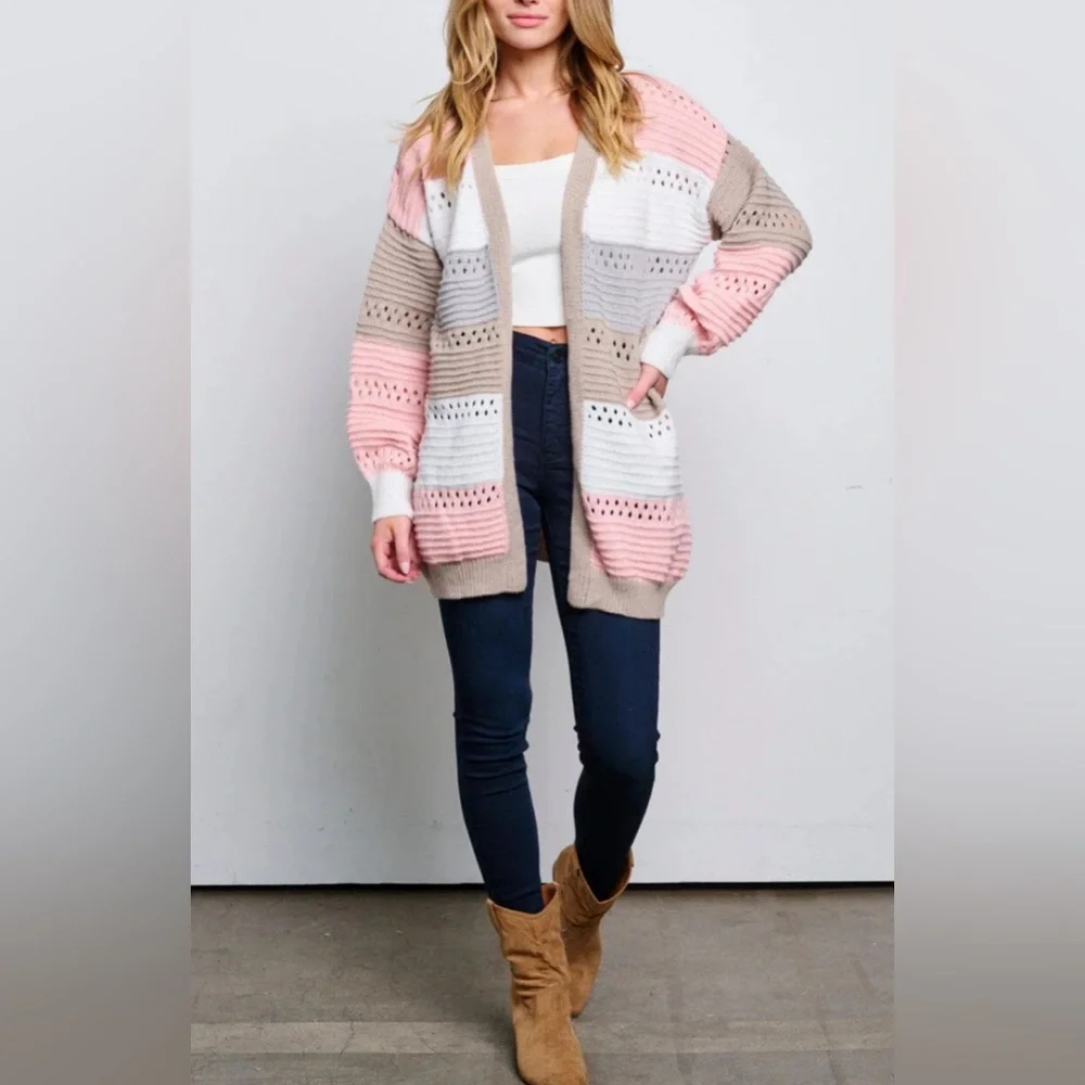 "NWT Tres Chic Women's Colorblock Open Front Knit Cardigan - Long Sleeve" - Picture 3 of 4